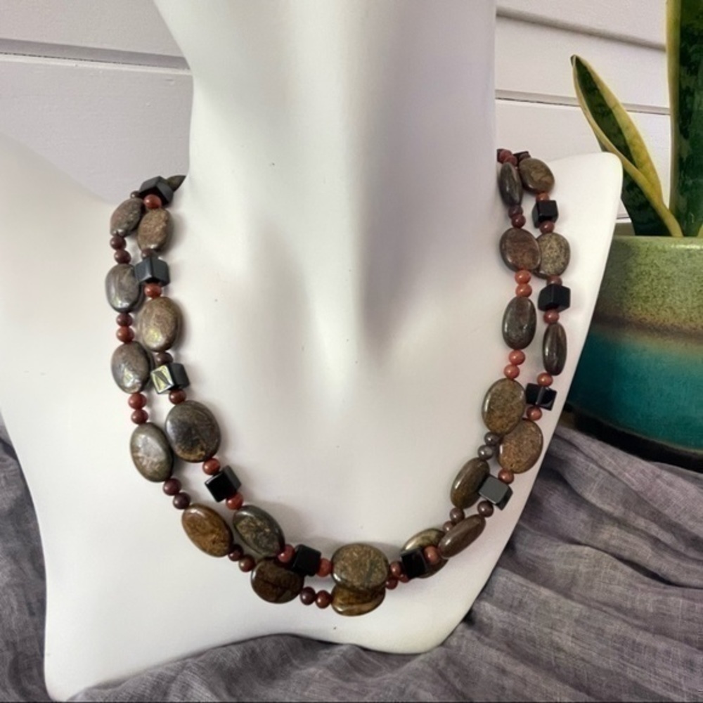 $49 SALE Handmade Layered Red Jasper Bronzite Necklace 26” Contemporary Long - Picture 8 of 8